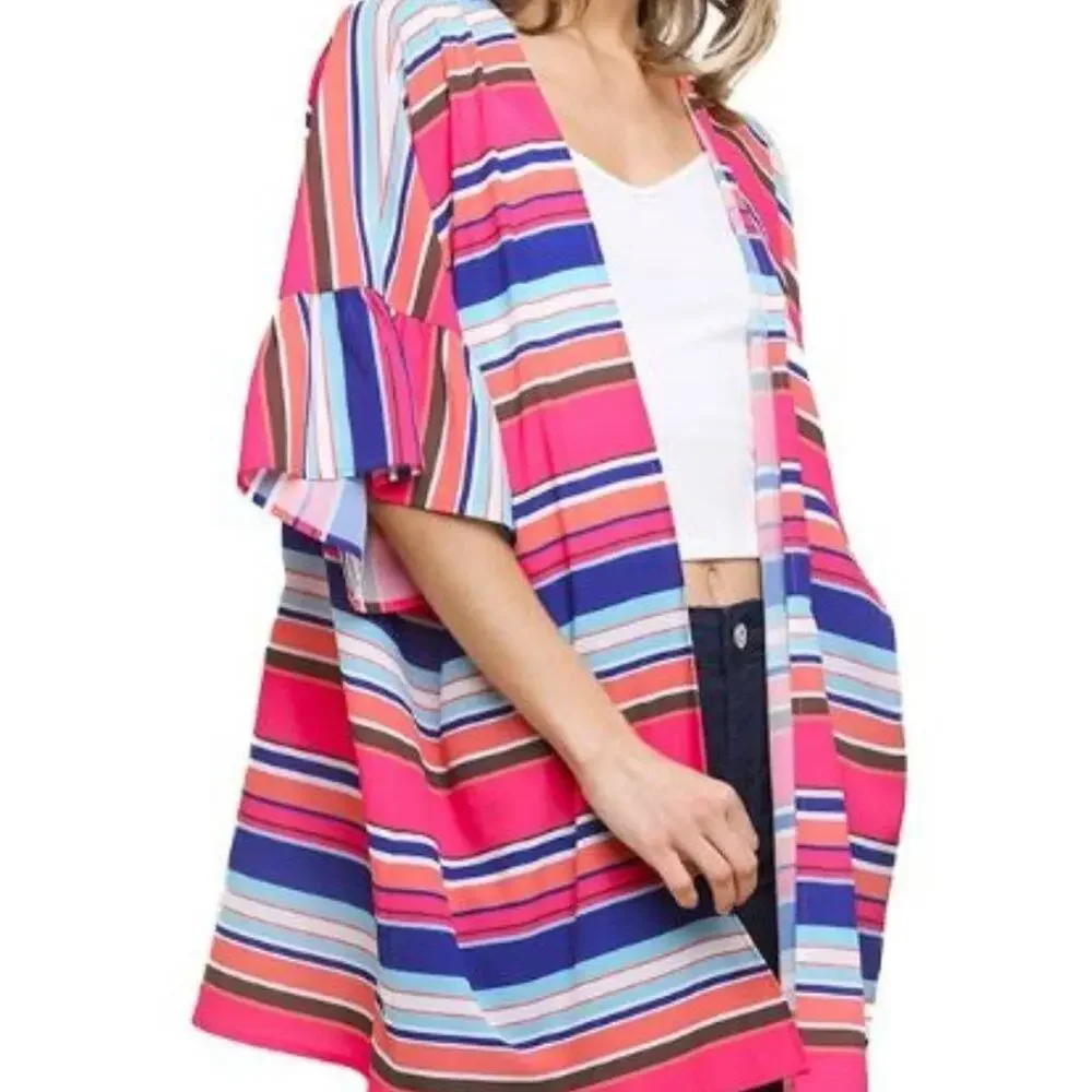 Kimono Ruffle Sleeve Stripe Small